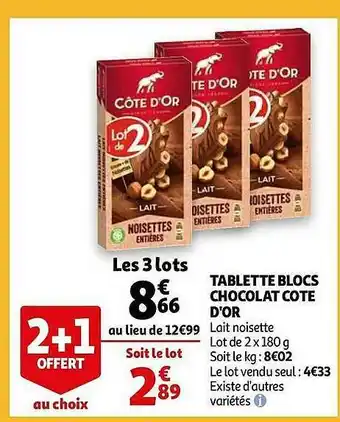 Auchan Tablette Blocs Chocolat Cote D'or offre