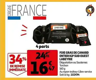 Auchan Foie Gras De Canard Entier Igp Sud Ouest Labeyrie offre