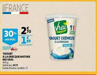 Auchan Yaourt à La Grecque Nature Bio Vrai offre