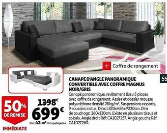 Auchan Canapé D'angle Panoramique Convertible Avec Coffre Magnus Noir-gris offre