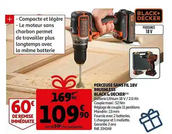 Auchan Perceuse Sans Fil 18v Brushless Black & Decker offre