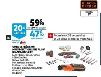Auchan Outil De Précision Multifonction Sans Fil 8 V Black & Decker offre