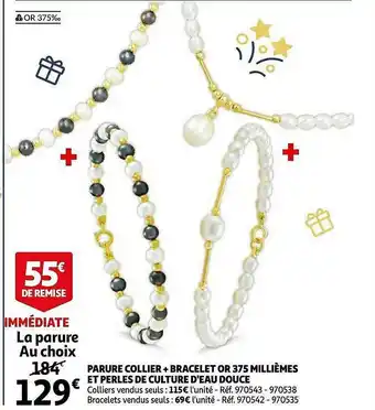 Auchan Parure Collier + Bracelet Or 375 Millièmes Et Perles De Culture D'eau Douce offre