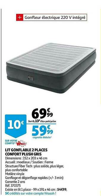 Auchan Lit Gonflable 2 Places Confort Plush Gris offre