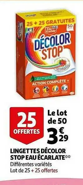 Auchan Lingettes Décolor Stop Eau écarlate offre