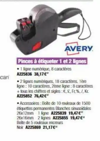 Calipage Avery Pinces à étiqueter 1 Et 2 Lignes Avery offre
