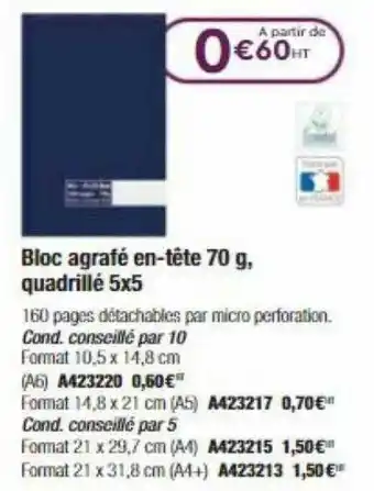 Calipage Bloc Agrafé En-tête 70 G Quadrillé 5x5 offre