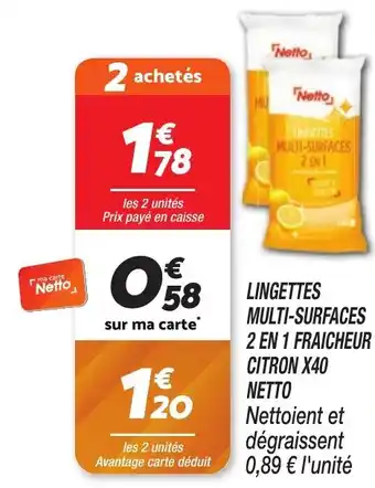 Netto NETTO Lingettes multi-surfaces 2 en 1 fraicheur citron x40 offre