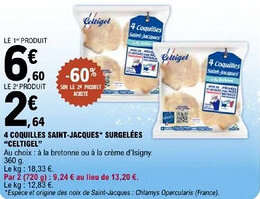 E.Leclerc 4 coquilles saint-jacques* surgelées celtigel offre