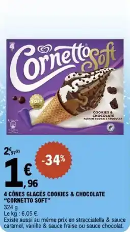 E.Leclerc 4 cônes glacés cookies & chocolate cornetto soft offre