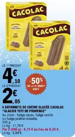 E.Leclerc 6 bâtonnets de crème glacée cacolac glacier yeti de provence offre