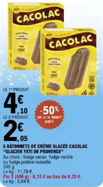 E.Leclerc 6 bâtonnets de crème glacée cacolac glacier yeti de provence offre