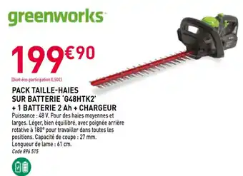 RAGT Jardin & Maison GREENWORKS Pack taille-haies sur batterie 'g48htk2' + 1 batterie 2 ah + chargeur offre