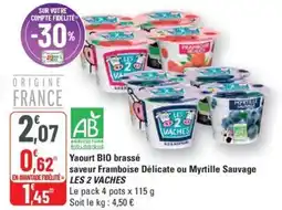 G20 LES 2 VACHES Yaourt bio brassé saveur framboise délicate ou myrtille sauvage offre