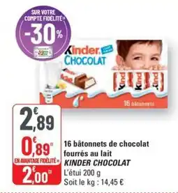 G20 KINDER CHOCOLAT 16 bâtonnets de chocolat fourrés au lait offre