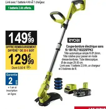 Tridôme RYOBI Coupe-bordure électrique sans fil 18V RLT183225FPK3 offre