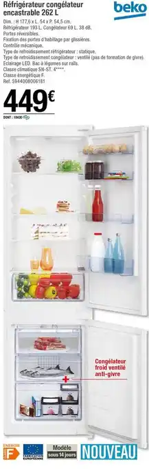 Brico Dépôt Réfrigérateur Congélateur Encastrable 262 L Beko offre