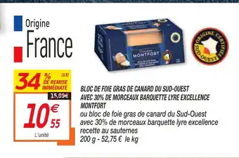 Bloc De Foie Gras De Canard Du Sud-Ouest Avec 30% De Morceaux Barquette Lyre Excellence Montfort