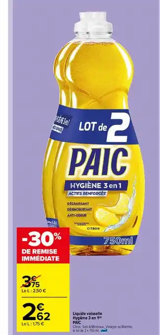Carrefour Market Liquide Vaisselle Hygiène 3 En 1 Paic offre