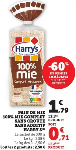 Bi1 Pain de mie 100% mie complet le 1er sans croute produit sans additif soit harry's offre