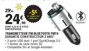 Transmetteur Fm Bluetooth FMT4 Garantie Constructeur 2 Ans *