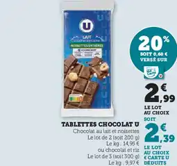 Super U Tablettes chocolat u offre