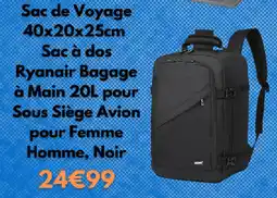 Cdiscount Sac de Voyage 40x20x25cm Sac à dos Ryanair Bagage à Main 20L pour Sous Siège Avion pour Femme Homme, Noir offre