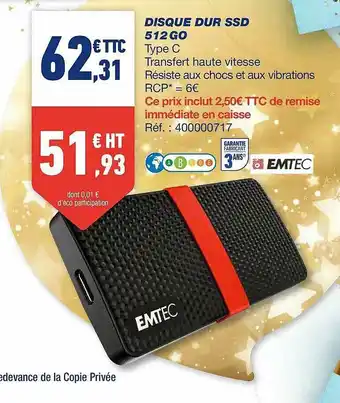 Bureau Vallée Disque Dur Ssd 512go offre