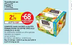 Intermarché CHARLES & ALICE Compote sans sucres ajoutés pomme/poire en offre spéciale offre