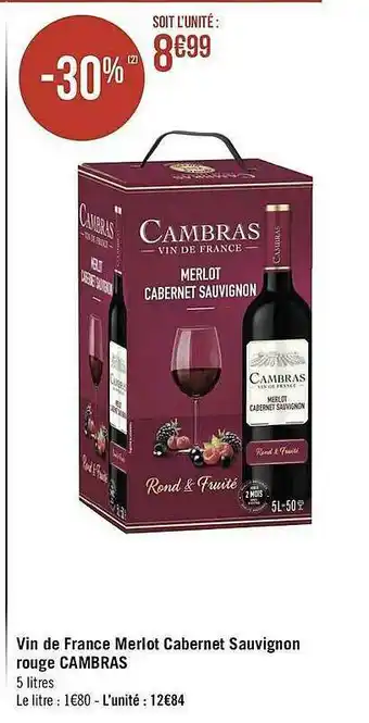 Vin De France Merlot Cabernet Sauvignon Rouge Cambras