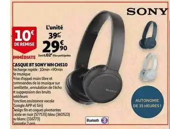 Auchan Casque Bt Sony Wh Ch510 offre