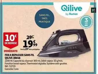 Auchan Fer à Repasser Sans Fil Qilive 38646 offre