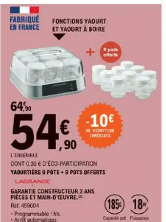 E.Leclerc Yaourtière 9 Pots + 9 Pots Offerts Lagrange offre