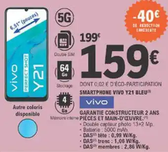 E.Leclerc Smartphone Vivo Y21 Bleu offre