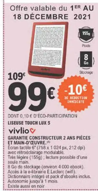 E.Leclerc Liseuse Touch Lux 5 Vivlio offre