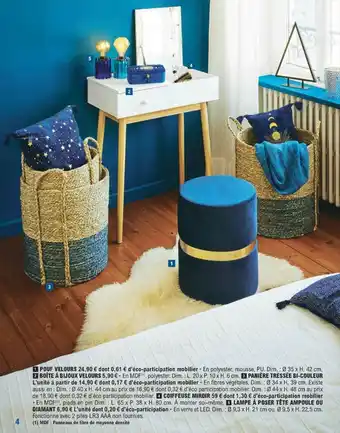 E.Leclerc Pouf Velours, Boîte à Bijoux Velours, Panière Tressée Bi-couleur, Coiffeuse Miroir, Lampe à Poser Tête Ampoule Ou Diamant offre