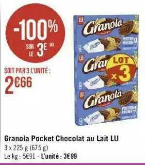 Géant Casino Granola Pocket Chocolat Au Lait Lu offre