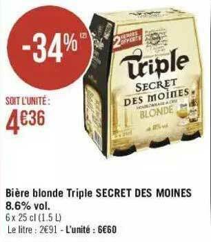 Géant Casino Bière Blonde Triple Secret Des Moines 8.6% Vol. offre