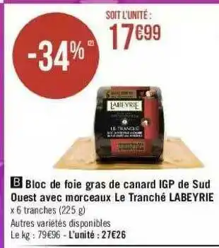 Géant Casino Bloc De Foie Gras De Canard Igp De Sud Ouest Avec Morceaux Le Tranché Labeyrie offre