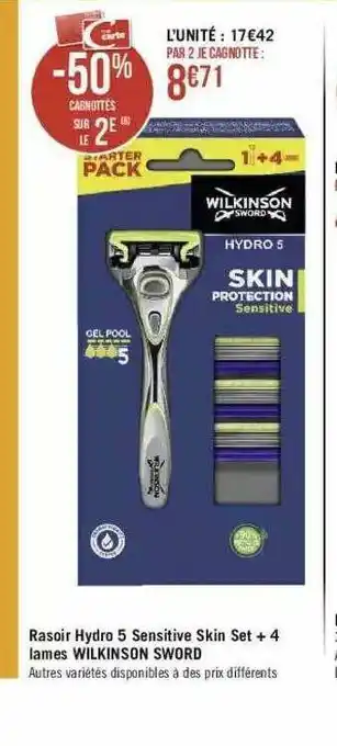 Géant Casino Rasoir Hydro 5 Sensitive Skin St + 4 Lames Wilkinson Sword offre