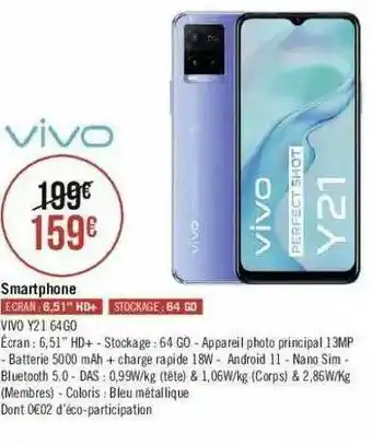 Géant Casino Smartphone Vivo Y21 64go offre