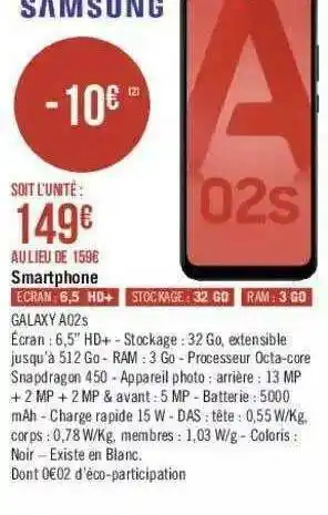 Géant Casino Smartphone Galaxy A02s Samsung offre
