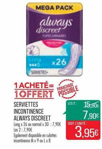 Match Serviettes Incontinence Always Discreet offre