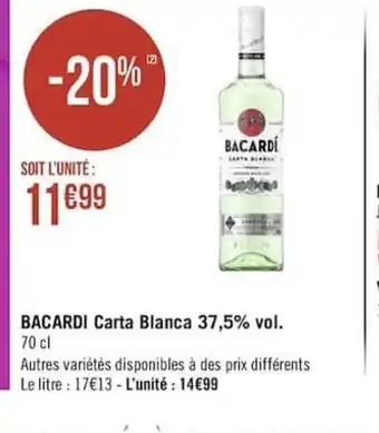 Géant Casino Bacardi Carta Blanca 37,5% Vol. offre