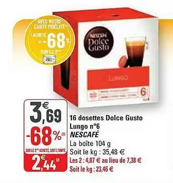 G20 16 Dosettes Dolce Gusto Lungo N°6 Nescafé offre