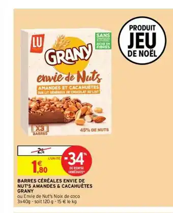 Intermarché Express Barres Céréales Envie De Nut's Amandes & Cacahuètes Grany offre