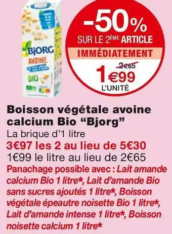 Monoprix Bjorg boisson végétale avoine calcium bio offre