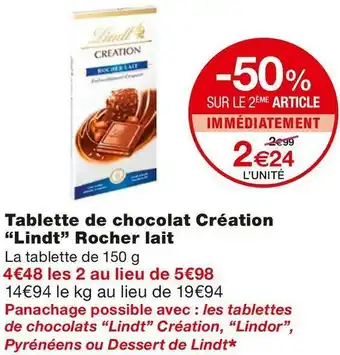 Lindt tablette de chocolat création rocher lait