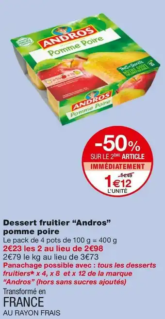 Monoprix Andros dessert fruitier pomme poire offre