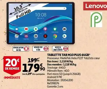 Auchan Lenovo tablette tab m10 plus 64gb* offre